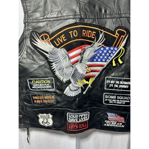 Biker Vest Mens XL Buffalo Leather Diamond Plate Live to Ride Motorcycle Patches - Picture 3 of 16